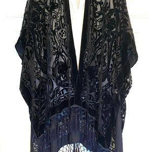 Art Deco Black Velvet Kimono, Semi Sheer, Burn out, Fringed, Cover, Jack…